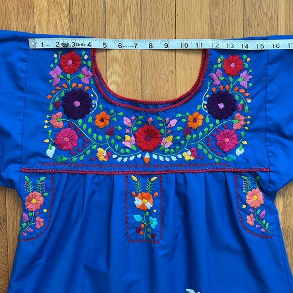 Vintage Mexican Huipil Hand Embroidered Puebla Dress Blue Floral Embroidery - Picture 7 of 11